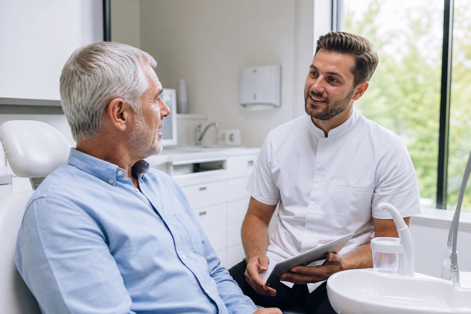 Adult patient speaking with a dentist in a bright dental clinic