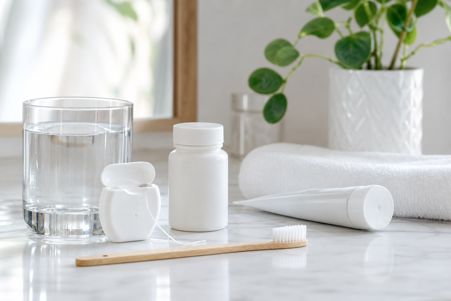 Toothbrush, floss, water, and oral care products arranged on a bright bathroom counter