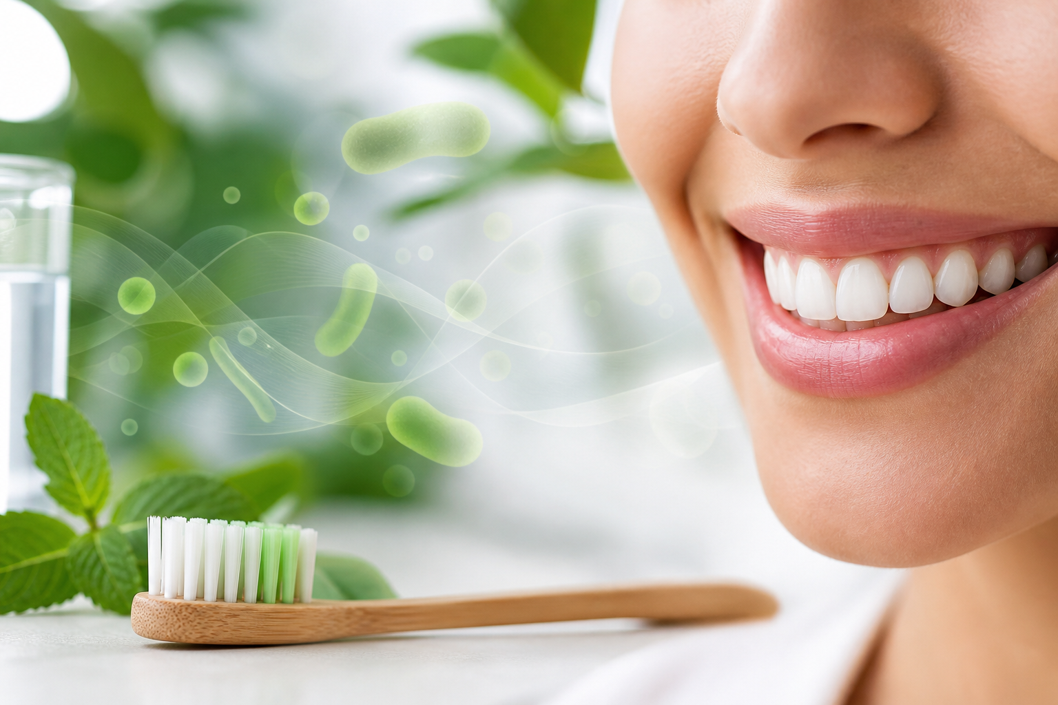 Clean oral wellness image representing the oral microbiome and fresh breath support