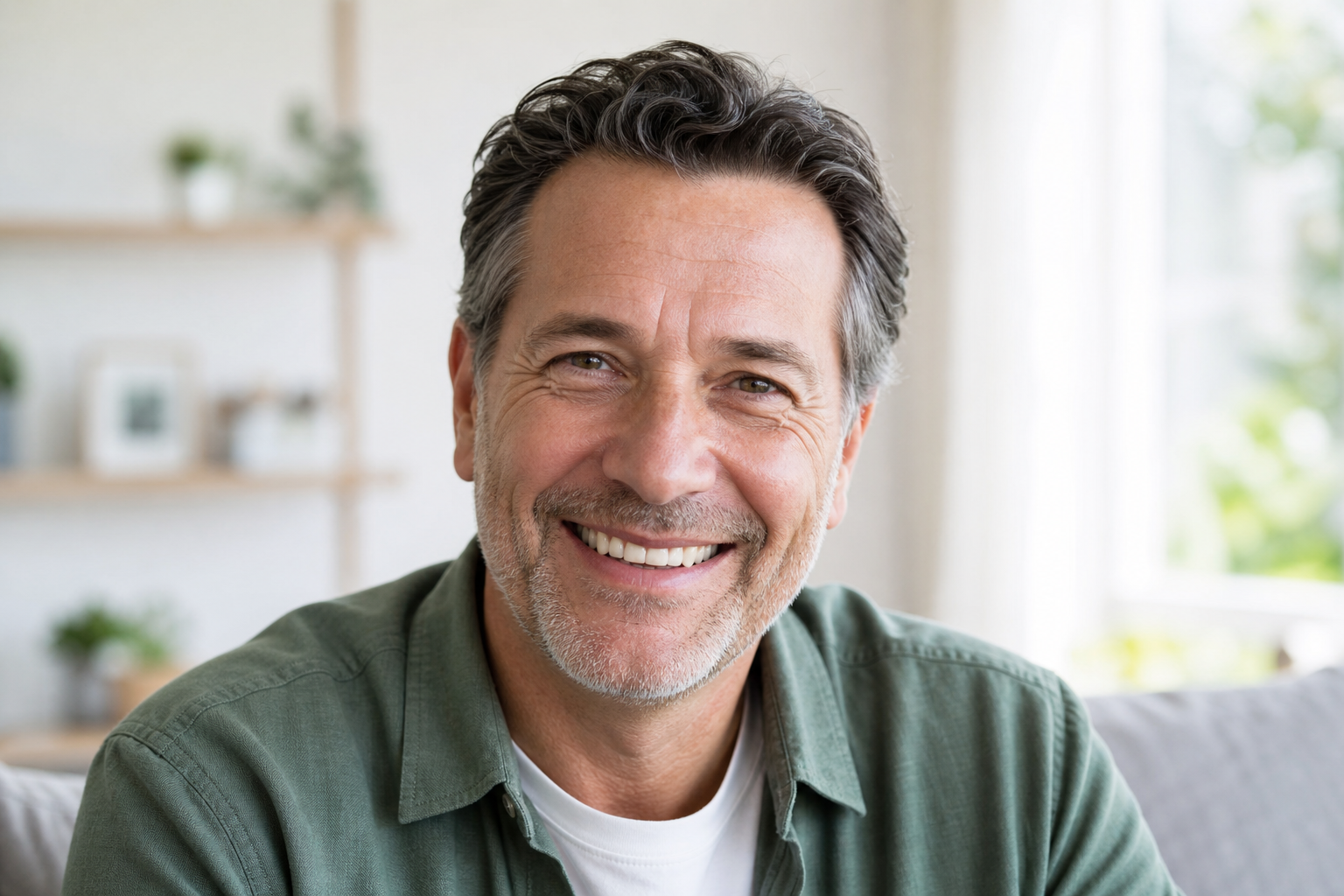 Smiling adult in a bright home setting