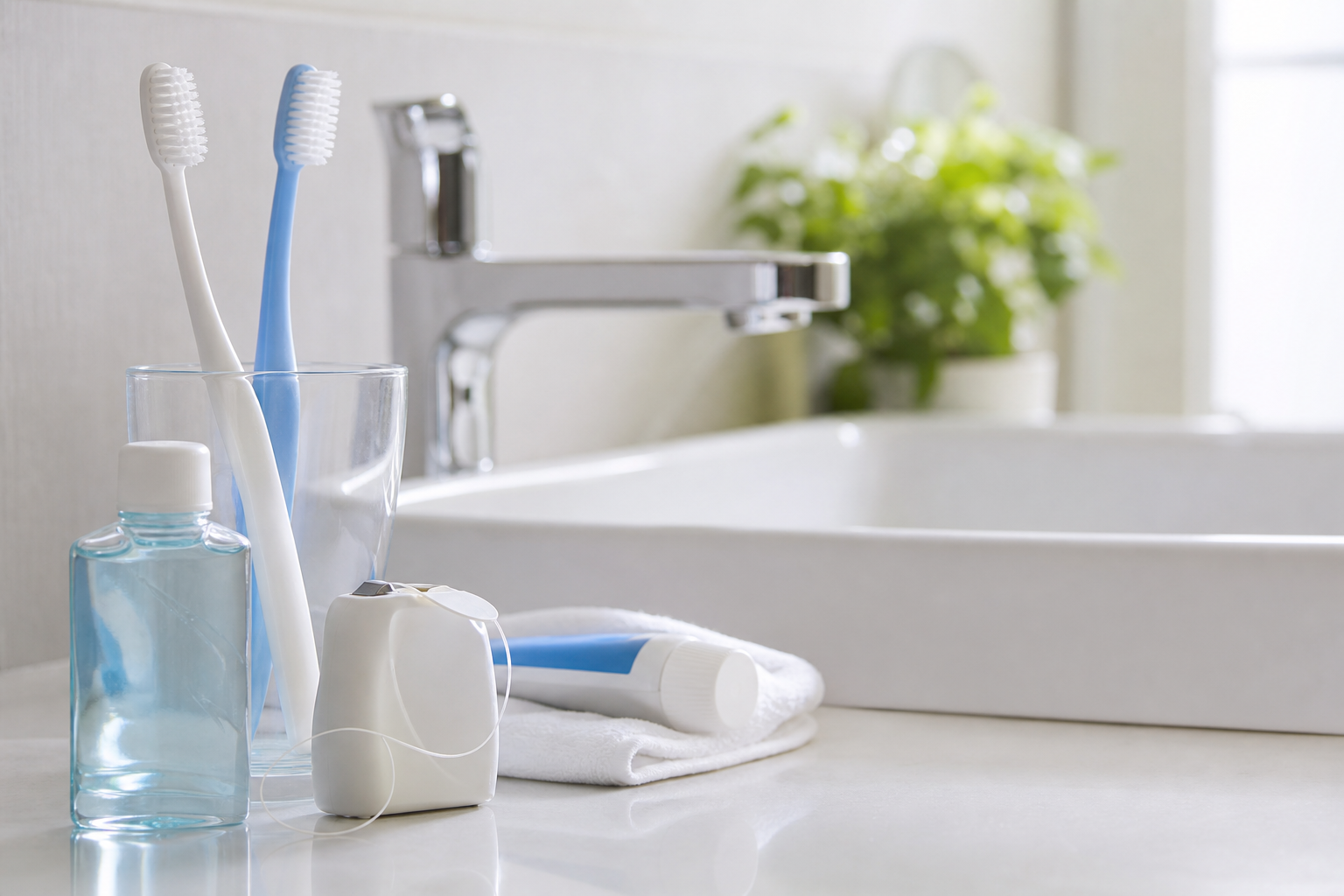 Toothbrushes and oral hygiene products beside a clean bathroom sink
